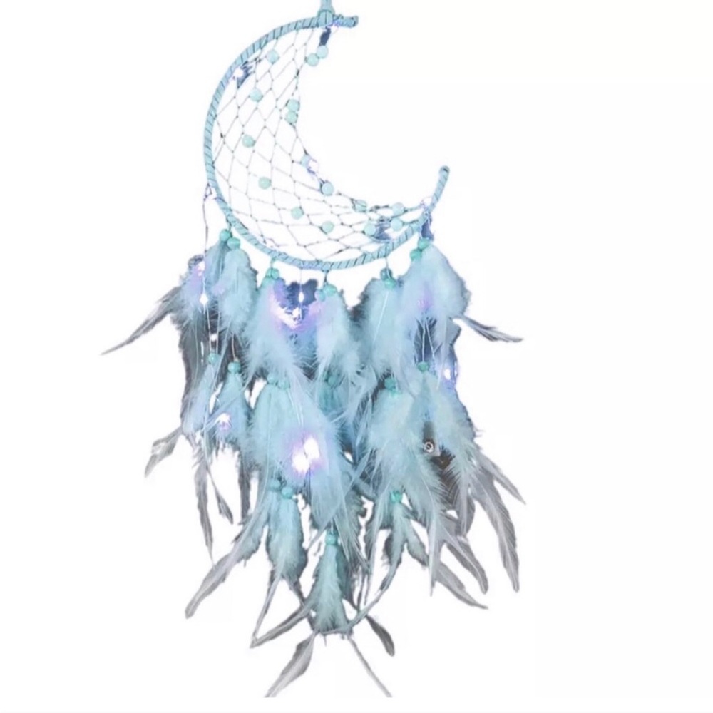 Moon Shaped Dreamcatcher with Lighted Feathers - Aqua Blue